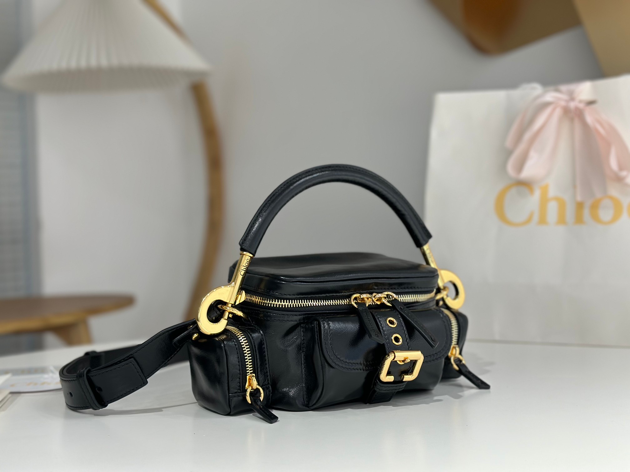 Chloe Small Camera Bag In Black Shiny Leather